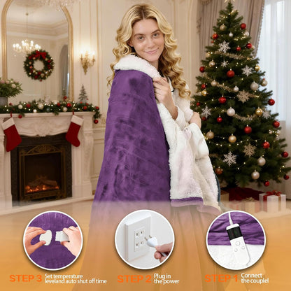 Electric Heated Blanket Throw Size 50''x60''-Control Heating Blanket, Soft & Warm Flannel 10-Level Temperature Control, 8 Hours Auto Off, Rapid Heating & Overheat Protection