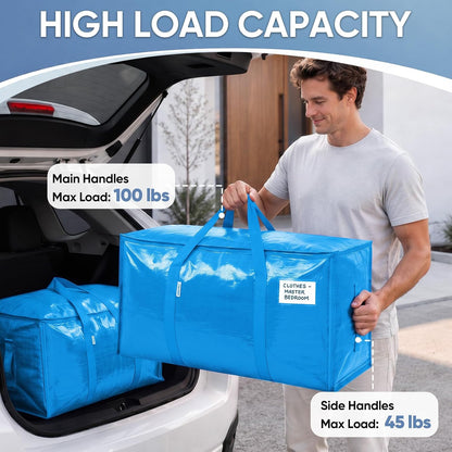 TICONN Extra Large Moving Bags Heavy Duty with Zippers & Carrying Handles, Durable Storage Bags Moving Boxes for Closet Organizers and Storage (Blue)
