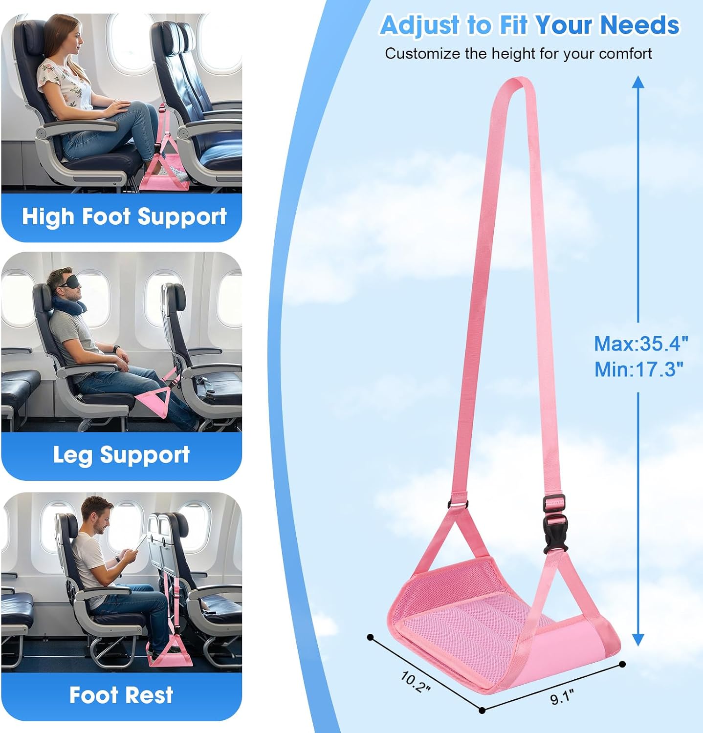 ExploreBliss Airplane Foot Rest - Lightweight Foot Hammock for Plane Travel with Adjustable Strap & Thick Board, Tray Table Under Desk Footrest to Relax Feet, Travel Essentials for Long Flights(Black)