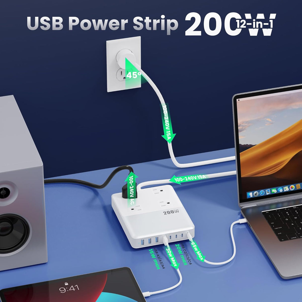 12-in-1 Charging Station USB C Power Strip with 5ft Cord and Plug,200W GaN IV USB C Charger Block,4 AC Outlets,8 USB for MacBook,iPhone 17/16/15,Fast Charging Desktop Charger for Office,Home