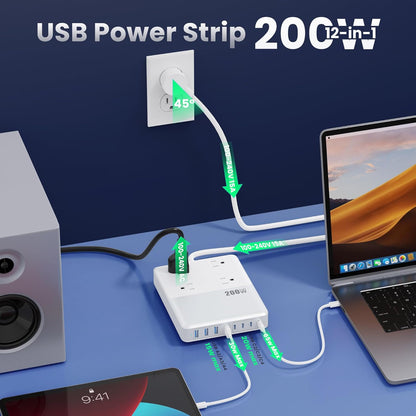 12-in-1 Charging Station USB C Power Strip with 5ft Cord and Plug,200W GaN IV USB C Charger Block,4 AC Outlets,8 USB for MacBook,iPhone 17/16/15,Fast Charging Desktop Charger for Office,Home
