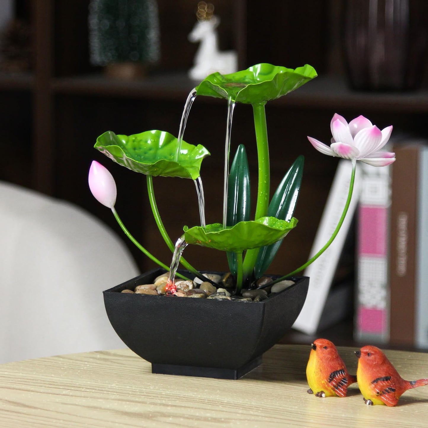 Water Fountain Indoor Waterfall Fountain 3-Tier Tabletop Fountain Lotus Desk Relaxation Home Decor Including Lots of Rocks and Soothing Sound Machine (Green 1)