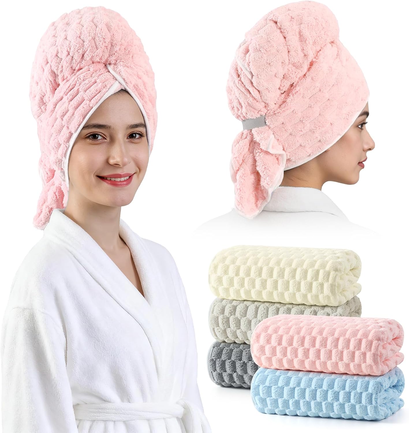 REDKISS 3 Pack Microfiber Hair Towels - Extra Large Hair Towel Wrap for Women, 24x42 inch Hair Towels with Elastic Strap, Super Soft Hair Drying Towels for Long, Thick, Curly Anti Frizz Turbans