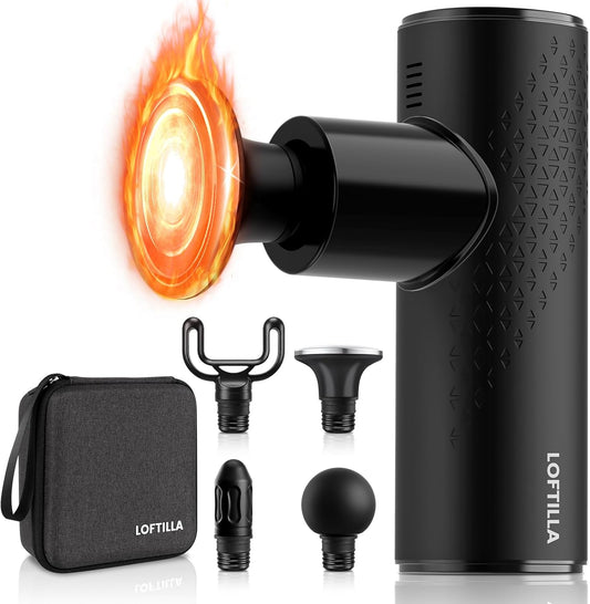 LOFTILLA Mini Massage Gun with Heat - Powerful Deep Tissue Massager, Portable Pocket-Sized Percussion Massager Gun for Muscle Relaxation, 4 Massage Heads, Gift for Men Women, Black