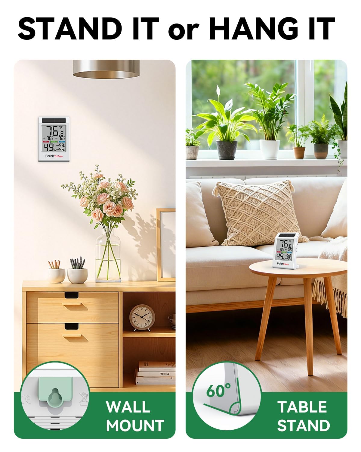 BALDR Solar Indoor Thermometer Hygrometer, Max/Min, Comfort Meter (White)