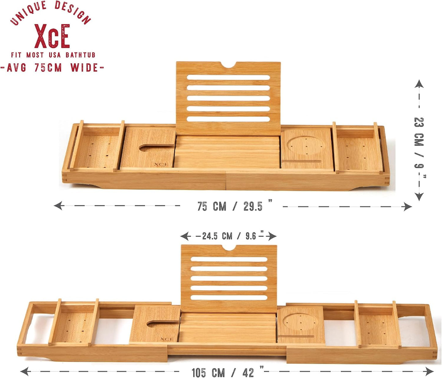 XcE Bamboo Bathtub Caddy Tray - Expandable to 41 Inches with Book Stand, Soap Holder & Anti-Slip Pads for Luxury Bath Spa, Brown