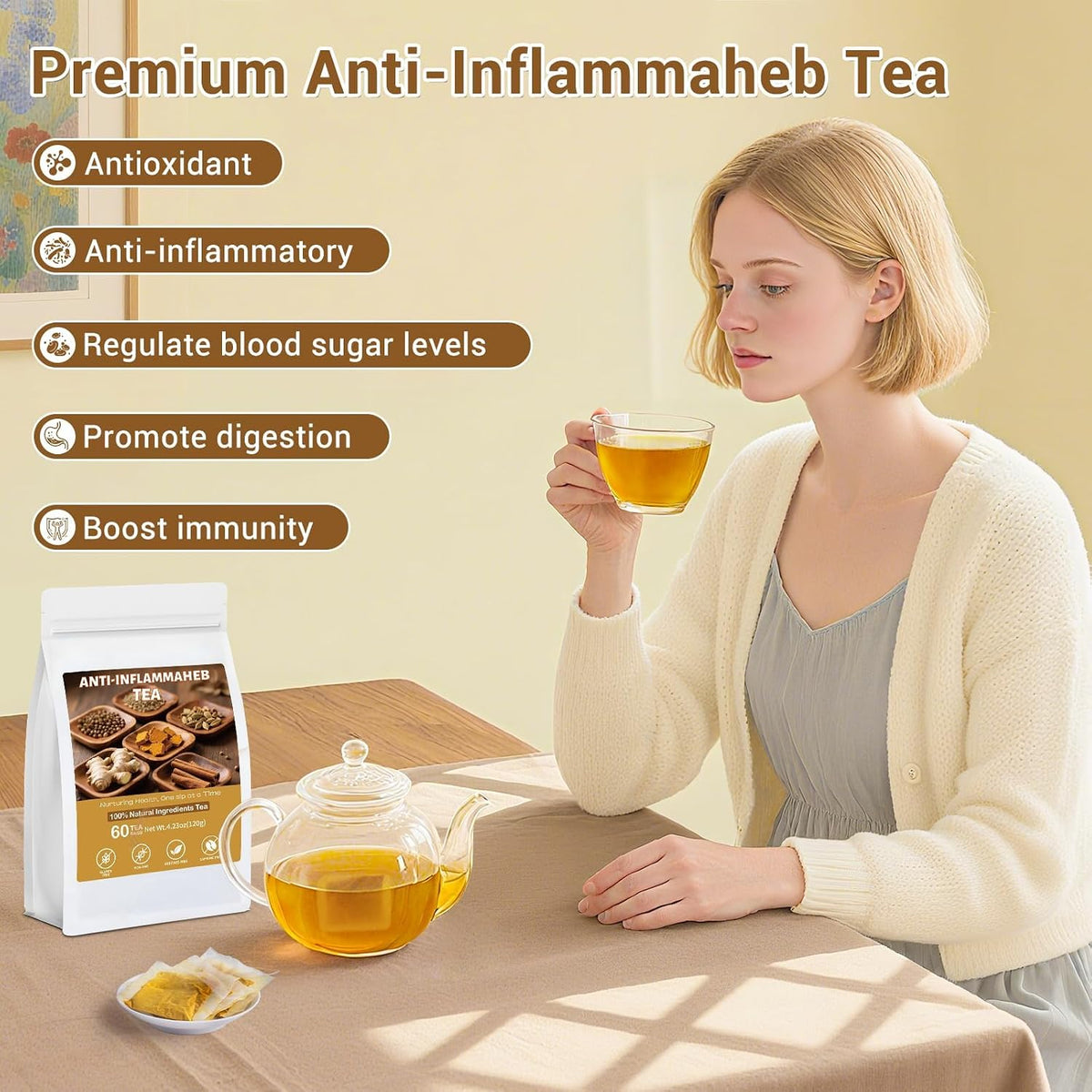 Anti-Inflammaheb Tea, 100% Natural Inflammation Tea from Premium Turmeric, Ginger, Cinnamon, Cardamom, Cumin, Coriander Seeds Herbal Ingredients, Supports Antioxidant, Boost Immunity (1 Pack/60 Bags）