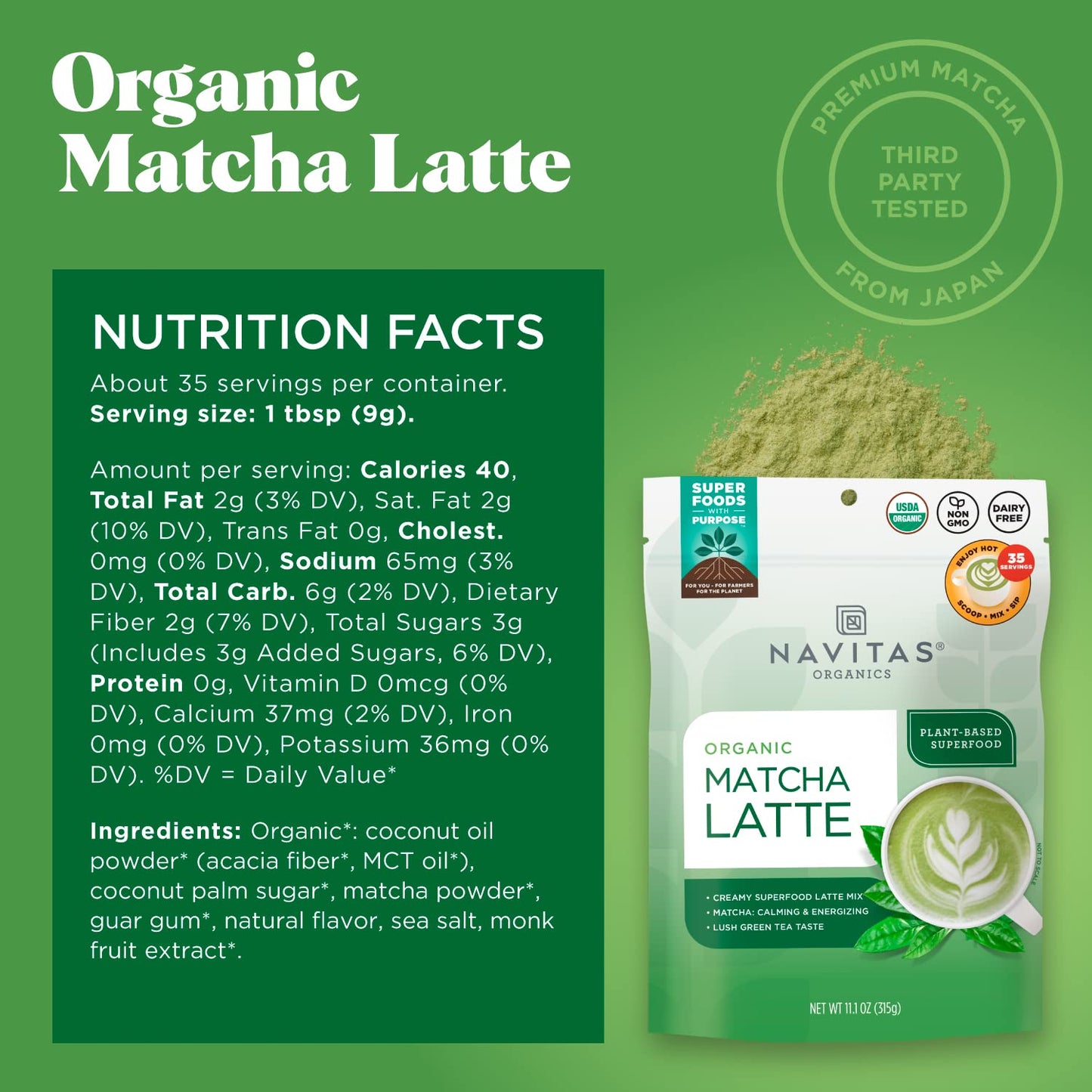Navitas Organics Instant Matcha Latte Mix – Simple & Convenient Blend For Sweet & Creamy Latte – Mix With Water – Dairy Free & Low Sugar – USDA Organic, Non GMO, Gluten Free (11.1oz. Bag, 35 Servings)