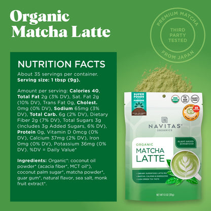 Navitas Organics Instant Matcha Latte Mix – Simple & Convenient Blend For Sweet & Creamy Latte – Mix With Water – Dairy Free & Low Sugar – USDA Organic, Non GMO, Gluten Free (11.1oz. Bag, 35 Servings)