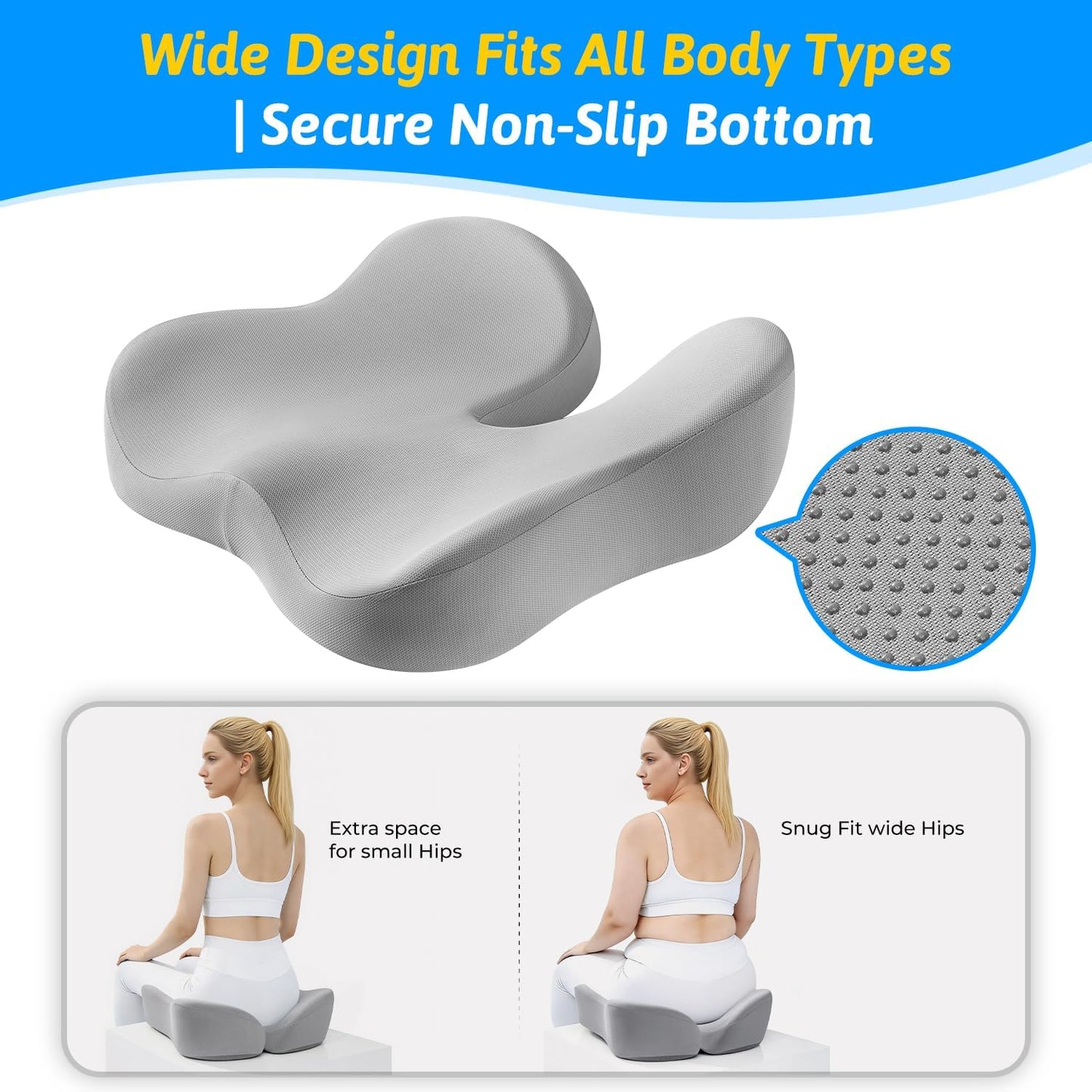 Seat Cushion for Tailbone & Sciatica Pain Relief – Certified & Ergonomist-Designed – Tapered Front Edge Reduces Thigh Pressure – Wide Memory Foam for Office Chair, Car, Wheelchair (Gray)