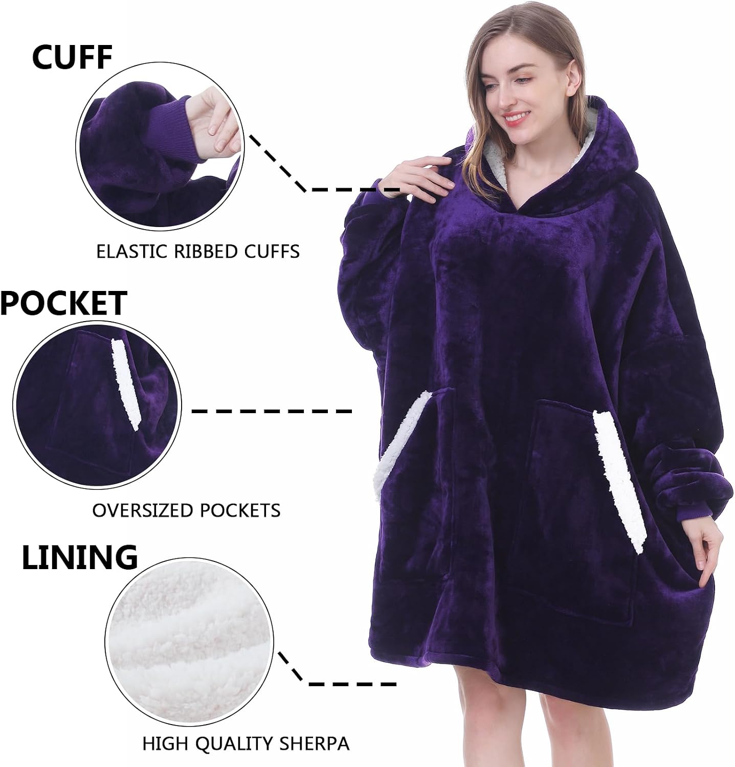Kipswiza Wearable Blanket Hoodie Gifts for Women and Men, Oversized Cozy Warm Flannel Sherpa Hooded Blankets Sweatshirt with Giant Pockets for Adult and Teens, Dark Gray