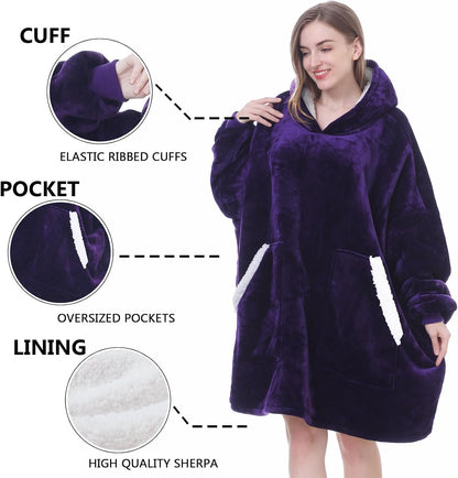 Kipswiza Wearable Blanket Hoodie Gifts for Women and Men, Oversized Cozy Warm Flannel Sherpa Hooded Blankets Sweatshirt with Giant Pockets for Adult and Teens, Dark Gray