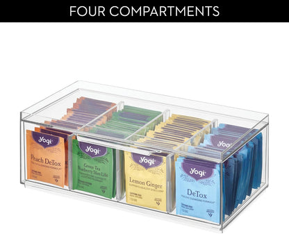 iDesign XL Tea Bag Organizer, Clear, 4-Section | For Counter, Storage Drawer for Cabinet
