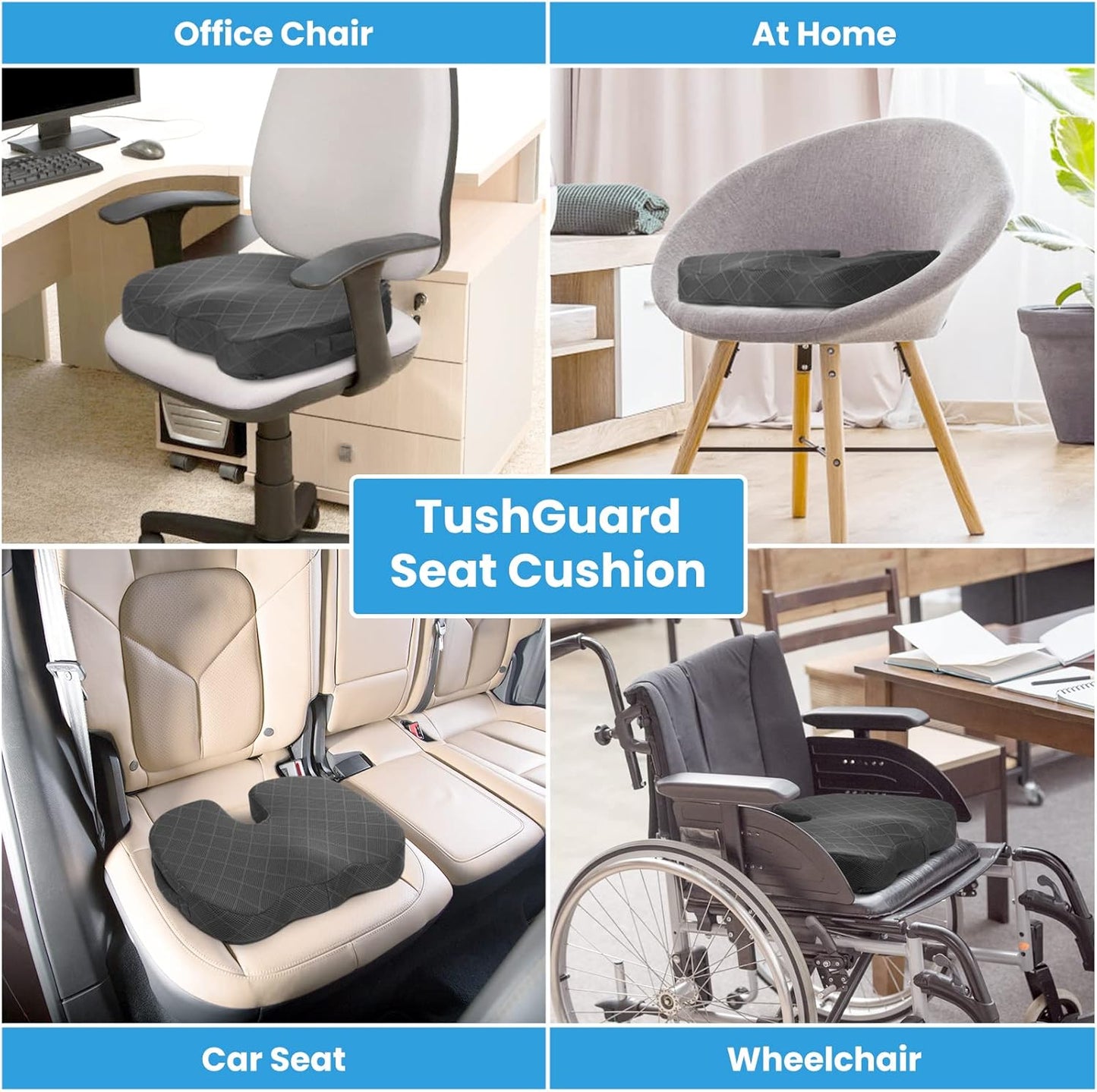 TushGuard Seat Cushion - Memory Foam Sitting Pillow for Office Chair, Car Seat, Airplane, Bleacher - Sciatica & Hip & Coccyx Pain Relief Desk Chair Cushion for Long Sitting Office Workers, Car Drivers