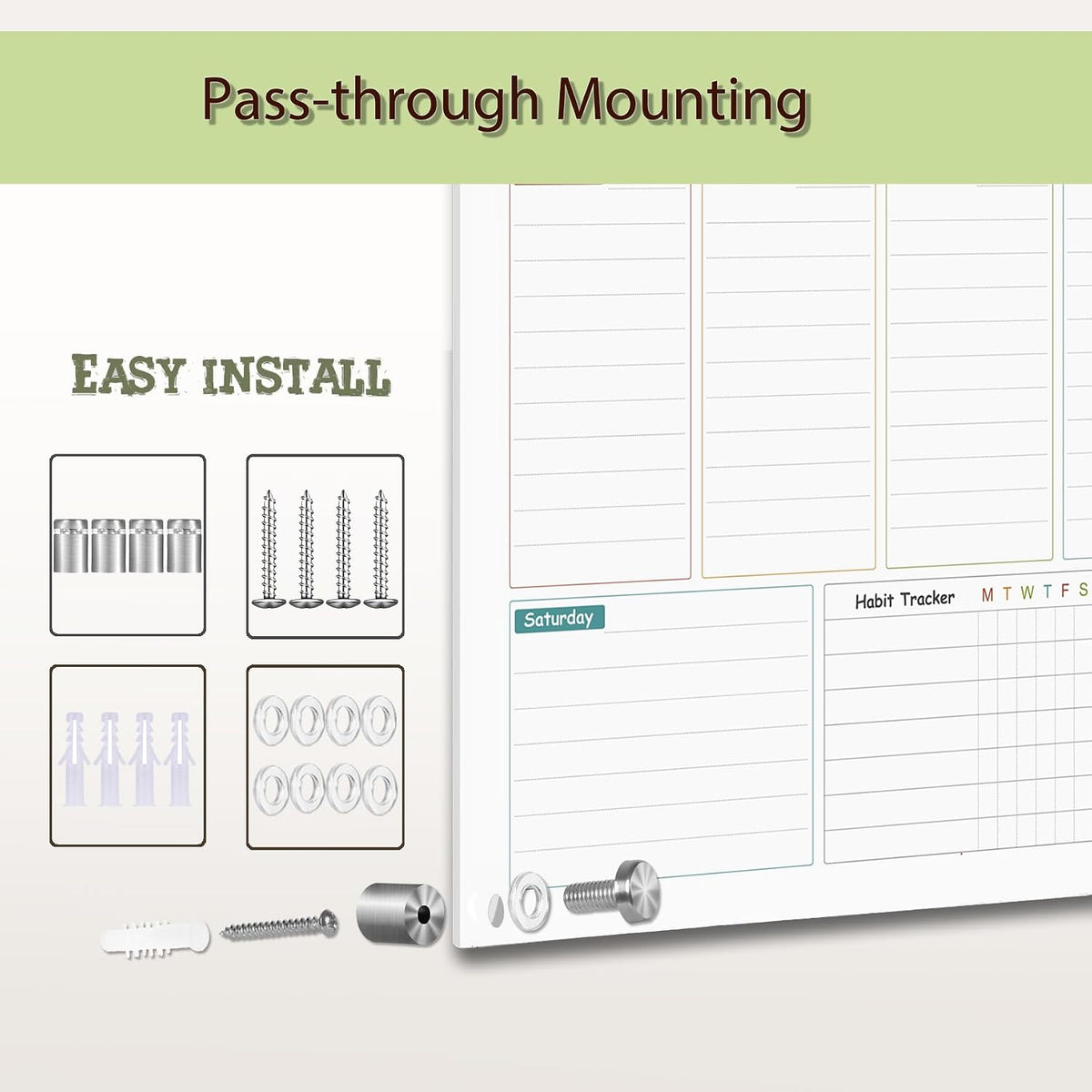 Glass Colorful Weekly Dry Erase Board for Wall,Weekly Planner Whiteboard for Wall 24"x18",Frameless Mounting,Medium Weekly Wall Calendar Dry Erase for Office/School/Home