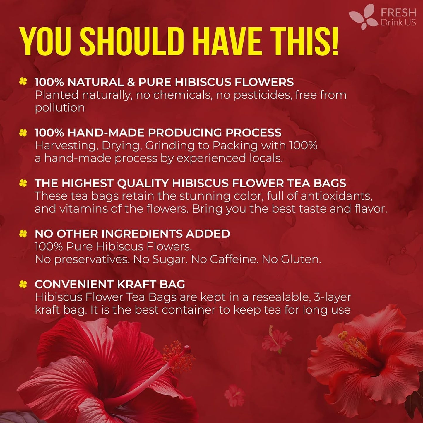FRESHDRINKUS 140 Hibiscus Flowers Tea Bags, 100% Natural, Pure from Hibiscus Flowers. Loose Flower Hibiscus Herbal Tea. Hibiscus Flower Tea. No Sugar, No Caffeine, No Gluten, Vegan.