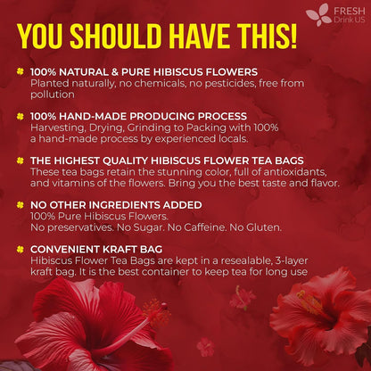 FRESHDRINKUS 140 Hibiscus Flowers Tea Bags, 100% Natural, Pure from Hibiscus Flowers. Loose Flower Hibiscus Herbal Tea. Hibiscus Flower Tea. No Sugar, No Caffeine, No Gluten, Vegan.