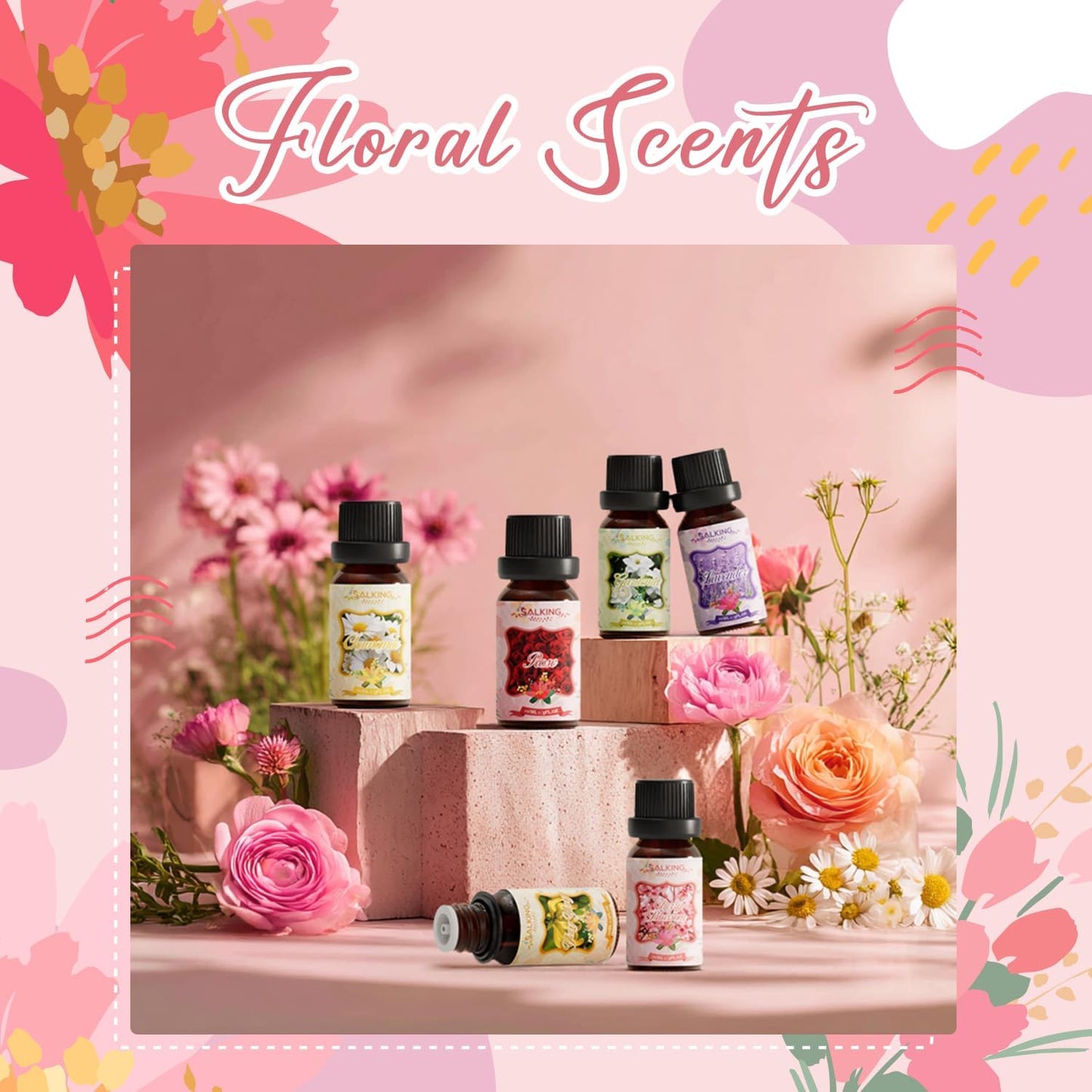 SALKING Floral Essential Oils Set, Premium Pure and Natural Essential Oils, Fragrance Oil Scented Oils for Oil Diffusers 6 x 10 ML - Lavender, Rose, Jasmine, Cherry Blossom, Gardenia, Chamomile