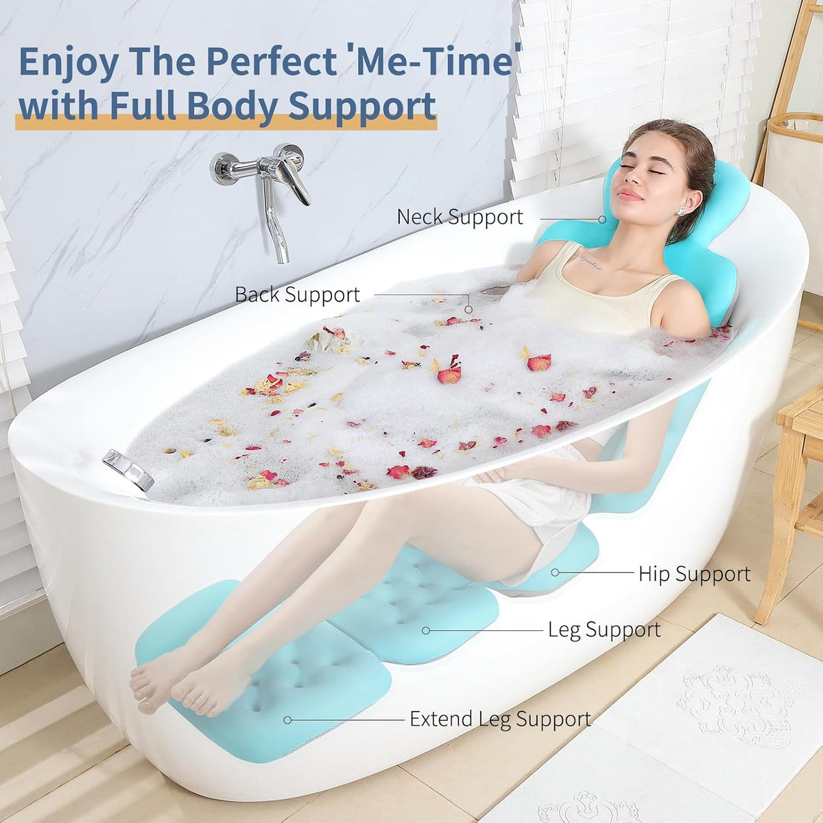 Luxury Bath Cushion, Full Body Bathtub Pillow with 160 Suction Cups, Bath Mat for Head and Neck Support, with Laundry Bag (Blue, 51" x 16")