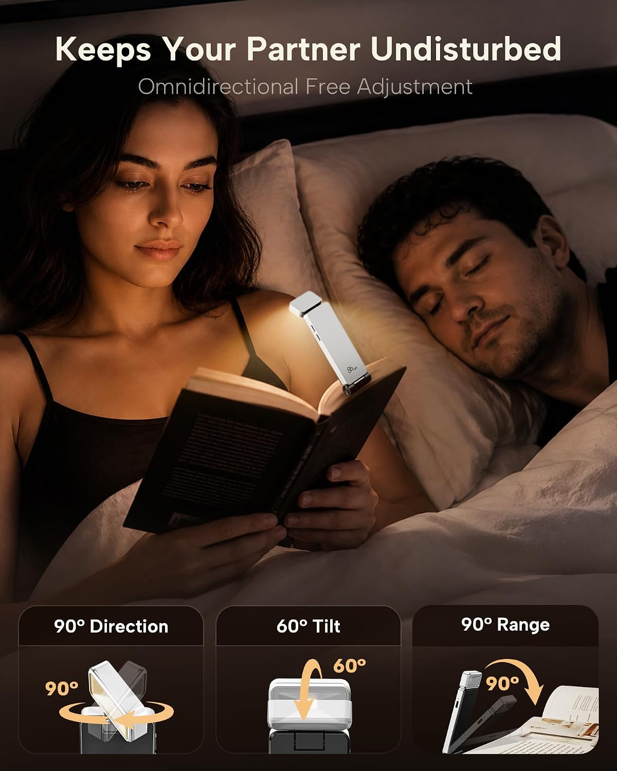 86lux Book Light, Rechargeable Clip-On LED Reading Light for Bed & Night Use - 3 Color Temperatures with Stepless Dimming, Ultralight Bookmark Design for Book Lovers, Grey