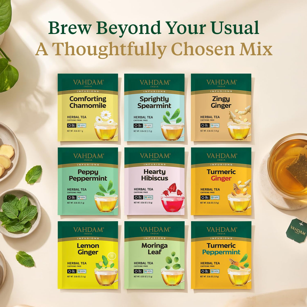 VAHDAM, Assorted Herbal Tea Sampler (18 Tea Bags, 9 Flavors) Caffeine-Free, Non-GMO | Delightful Natural Flavours, Individually Wrapped Tea Bags | Herbal Tea Assortment