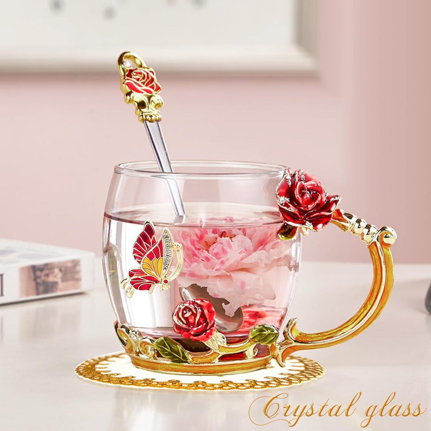 Enamel Glass Flower Tea Pot With Removable Loose Tea Leaf Infuser Tea Maker Teapot Set 30.4OZ Gifts for Women,Mom,Birthday