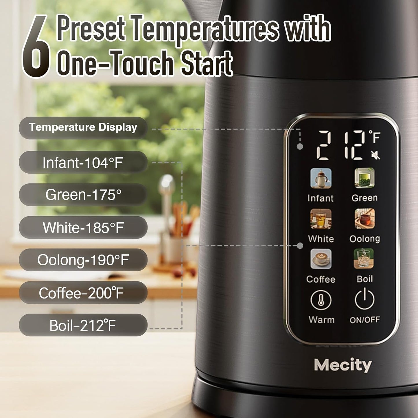 Mecity Electric Kettle 1.7L Touch Screen Temperature Control Water Boiler, No Plastic Contact with Water. 6 Preset Temperature Programs, 2 Hours Keep Warm, Auto Shut Off, Dark Grey