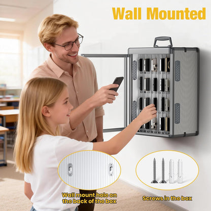 Glosen 24 Slots Cell Phone Locker, Portable Phone Storage Cabinet [Wall Mounted] [Aluminum Alloy] Cellphone Lock Box with Key & Handle for School Classroom Office Exam (Black)