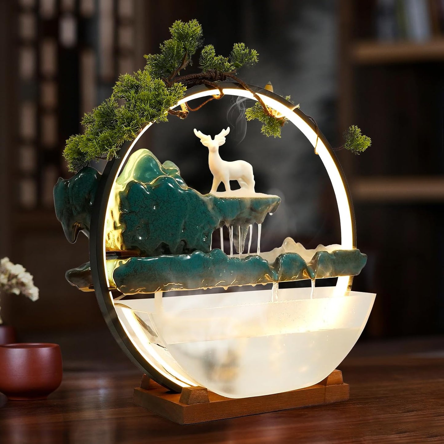 Mini Artificial Bonsai Tree Waterfall Fog Feature Rock Tabletop Fountain | 11in Desktop Decor Waterfall Fountain W/ Water Pump& Atomizer&LED Lights &Fake Tree Office Bedroom Relax
