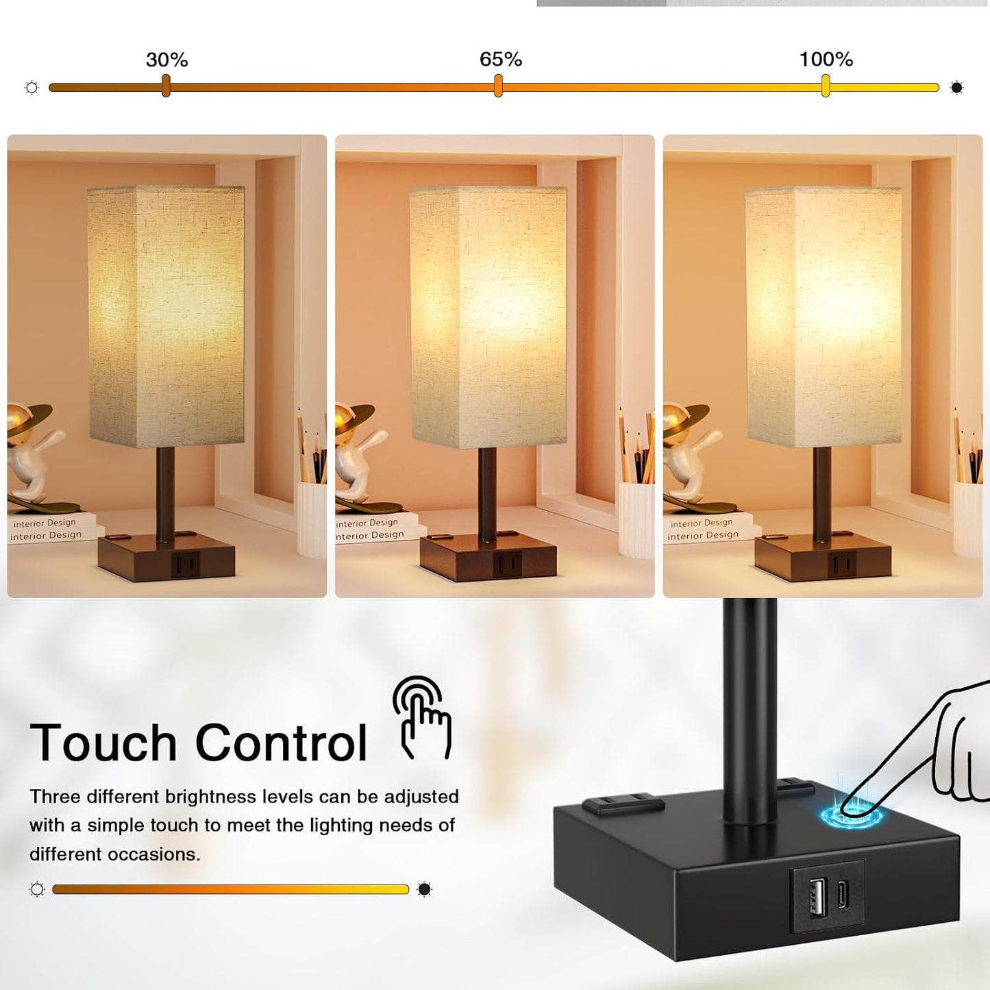 Touch Bedside Table Lamp for Bedroom - Dimmable, USB C+A, 2 AC Outlets