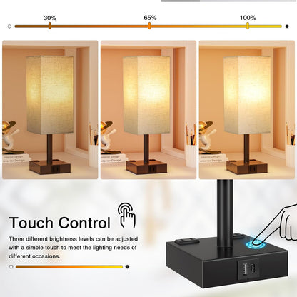 Touch Bedside Table Lamp for Bedroom - Dimmable, USB C+A, 2 AC Outlets