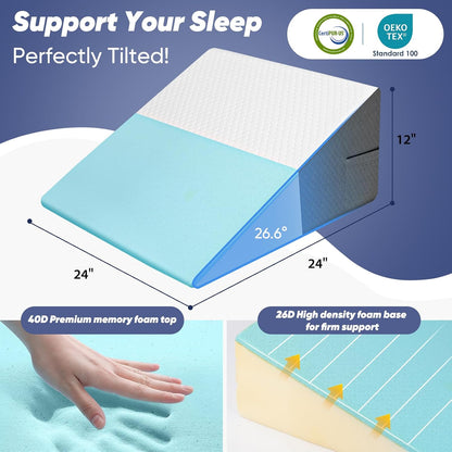Bed Wedge Pillow for Sleeping & Resting, 8 inch Incline Pillow Wedge for Adults Seniors, Back Support and Leg Elevation, Cooling Memory Foam Top, Ideal for Couch, Bedroom & Living Room