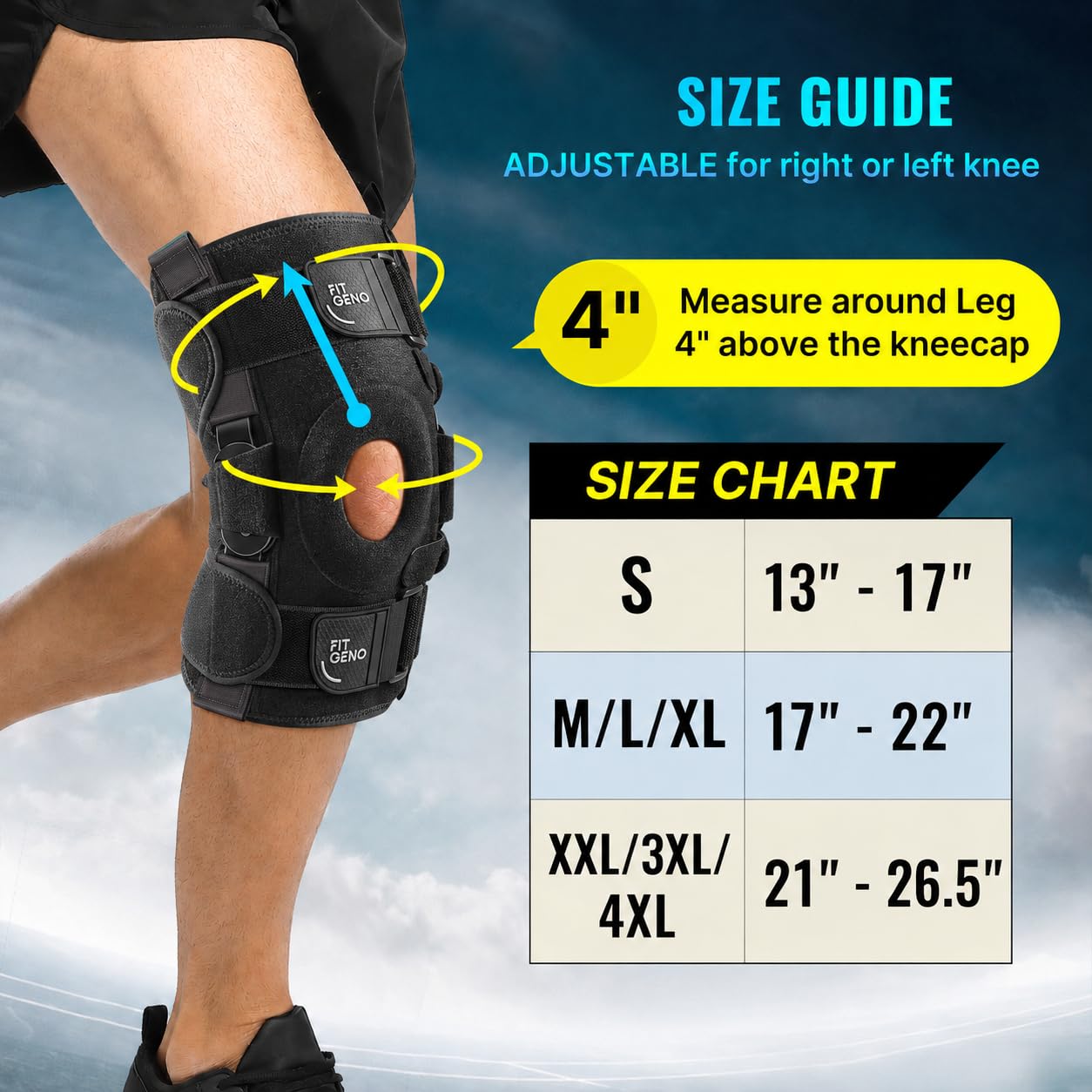 Fit Geno Hinged Knee Brace for Meniscus Tear: Adjustable Knee Support for Knee Pain w/Side Stabilizers & Hinges for Injury or Surgery Recovery - Men and Women