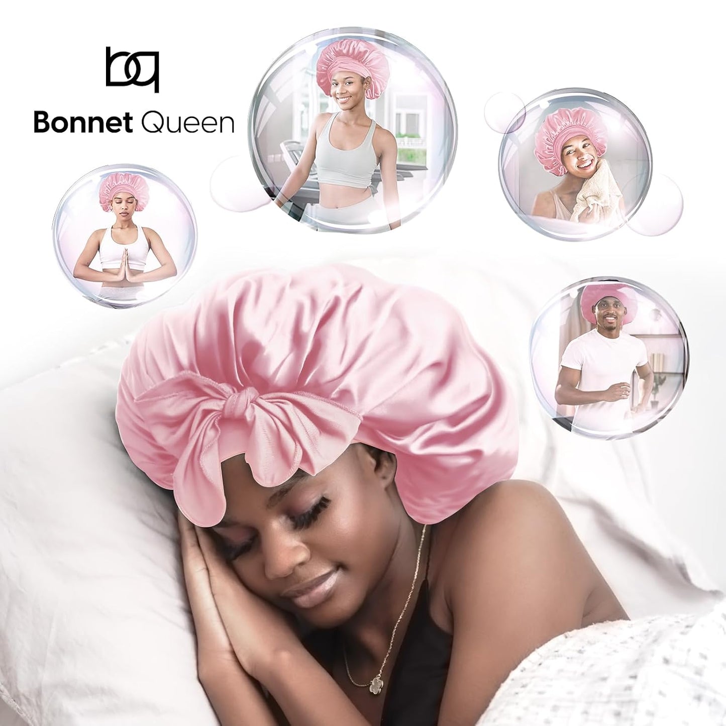 BONNET QUEEN Silk Bonnet for Sleeping for Women Satin Bonnet Night Cap for Curly Hair with Tie Band, Single Layer, Cream Pink
