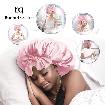 BONNET QUEEN Silk Bonnet for Sleeping for Women Satin Bonnet Night Cap for Curly Hair with Tie Band, Single Layer, Cream Pink