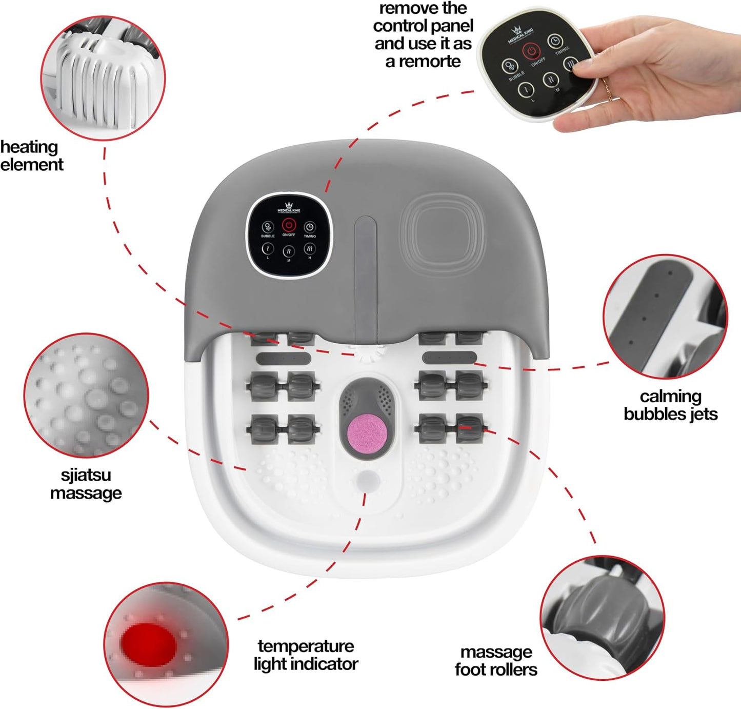 Medical king Foot Spa with Heat and Massage and Jets Includes A Remote Control A Pumice Stone Collapsible Massager with Bubbles and Vibration