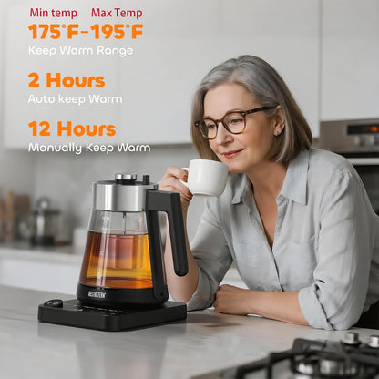 Electric Tea Kettle with Infuser 1.7L Glass Electric Kettle with Temperature Control 175°F Min Temp Automatic Shut Off 12H Keep Warm for Tea Coffee Water Heater, Black