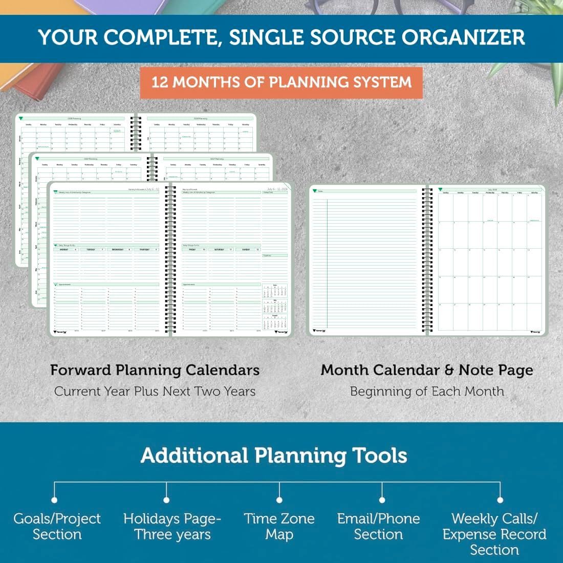 Planner Pad Spiral Bound July 2026 – June 2027 / Academic Year 8 1/2" x 11" Large 3-Tier Funnel Down 12 Month/Weekly Size Organizer, Greenish Grey Cover/Soft Green Ink