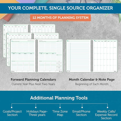 Planner Pad Spiral Bound July 2026 – June 2027 / Academic Year 8 1/2" x 11" Large 3-Tier Funnel Down 12 Month/Weekly Size Organizer, Greenish Grey Cover/Soft Green Ink