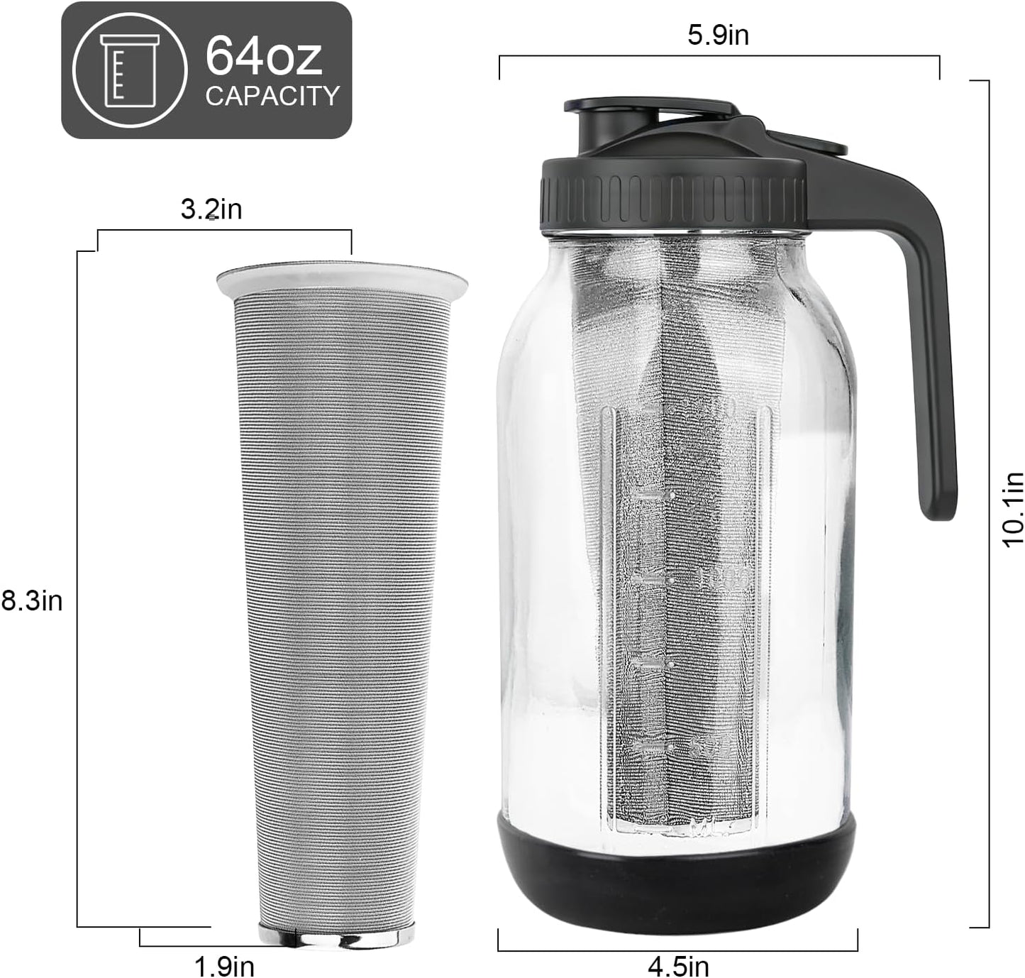 Cold Brew Coffee Maker,64 oz Mason Jar Pitcher with Stainless Steel Filter, Pour Spout Handle Lid, Heavy Duty Glass Airtight & Leak-Proof for Iced Coffee,Tea & Lemonade