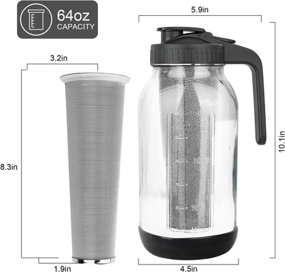 Cold Brew Coffee Maker,64 oz Mason Jar Pitcher with Stainless Steel Filter, Pour Spout Handle Lid, Heavy Duty Glass Airtight & Leak-Proof for Iced Coffee,Tea & Lemonade