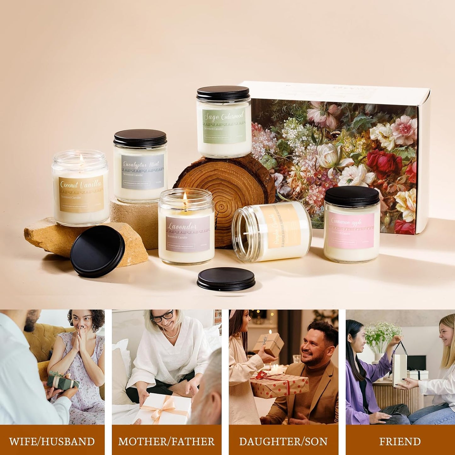 Scented Candles Gift Set, Long Lasting 6 Pack Aromatherapy Candles for Home, 42 oz 300 Hour Burn, Lavender Jasmine Vanilla Sage Sandalwood Rose Eucalyptus Mint, Gifts for Women