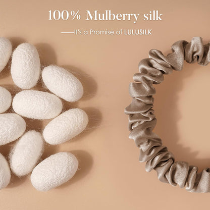 LULUSILK Small Silk Hair Ties No Damage, 100% Real Mulberry Silk, Skinny Scrunchies Ponytail Holders for Thin Fine Hair, Brown, Pack of 3