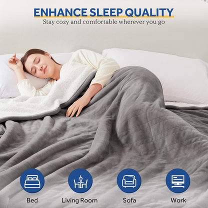 Sealy Heated Blanket Throw with Built-in Button Controller, Reversible Flannel to Sherpa Electric Blanket with 2-10 Hours Auto-Off & 4 Heating Levels, Over-Heat Protection, 50x60 inch, Beige