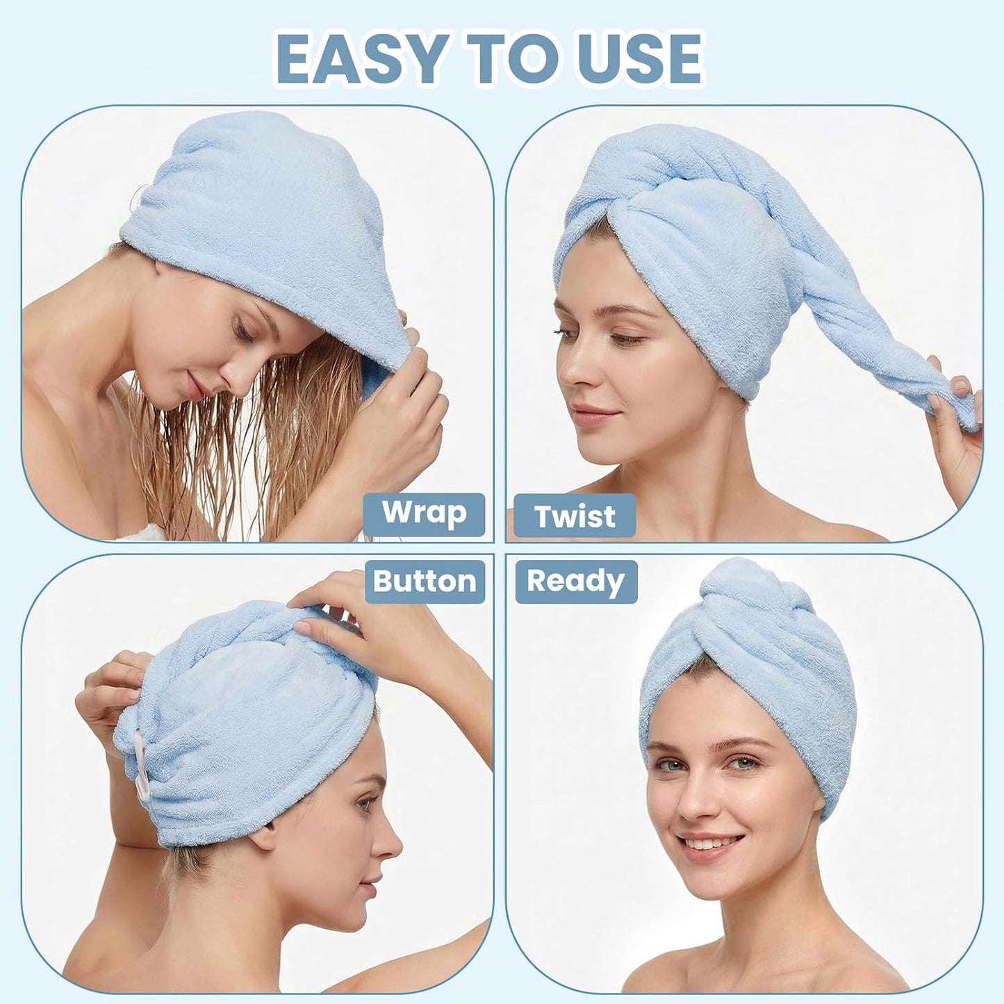 Mandydov 100% Cotton Hair Towel Wrap for Women, 2 Pack Thickened & Super Absorbent Turbans, Anti Frizz Quick Dry Hair Towels (Blue, Pink Blush)