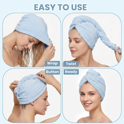 Mandydov 100% Cotton Hair Towel Wrap for Women, 2 Pack Thickened & Super Absorbent Turbans, Anti Frizz Quick Dry Hair Towels (Blue, Pink Blush)