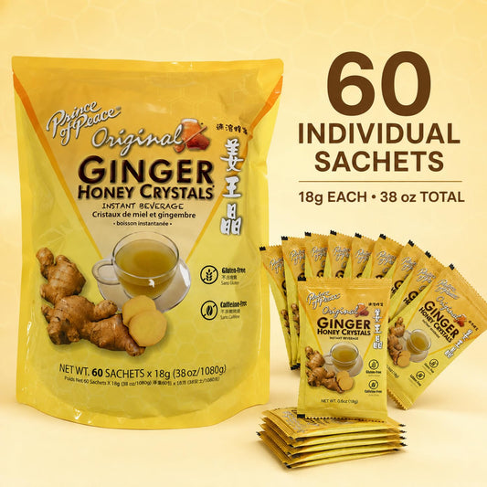 Instant Ginger Honey Crystals Family Value Pack 60 Sachets 18g per Sachets (Total 38oz/ 1080g) By Prince of Peace