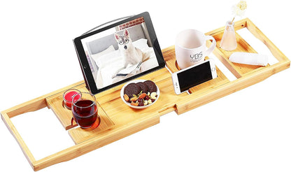 VaeFae Premium Teak Bathtub Tray, Expandable Wooden Bath Tray for Tub, Luxury Bathtub & Bathroom Accessories, Great House Warming, Anniversary & Wedding and Birthday Gifts (Free Teak Body Brush)