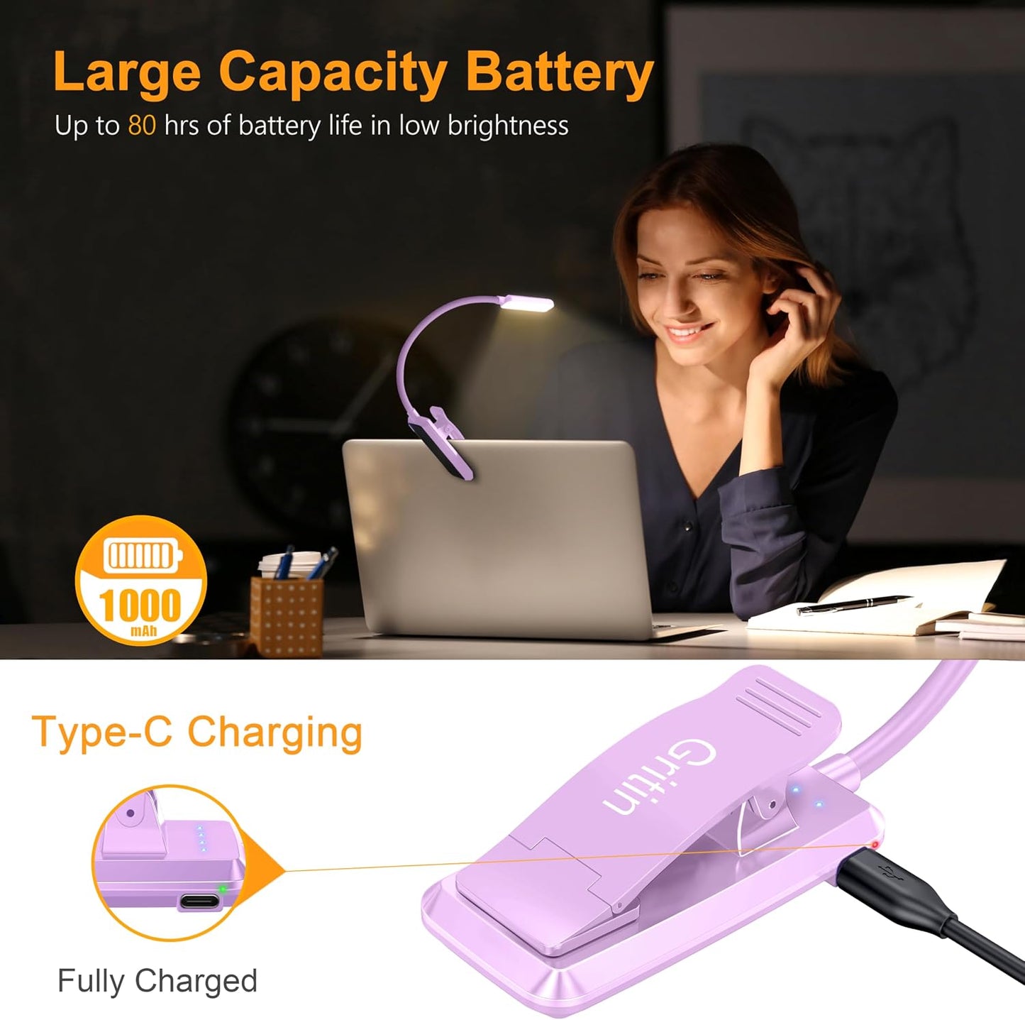 Gritin 9 LED Rechargeable Book Light for Reading in Bed | Eye Caring 3 Color Temps,Stepless Dimming Brightness,80 Hrs Runtime Small Lightweight Clip On Book Reading Light for Studying