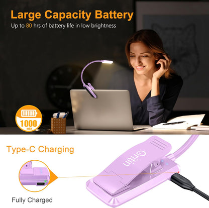 Gritin 9 LED Rechargeable Book Light for Reading in Bed | Eye Caring 3 Color Temps,Stepless Dimming Brightness,80 Hrs Runtime Small Lightweight Clip On Book Reading Light for Studying